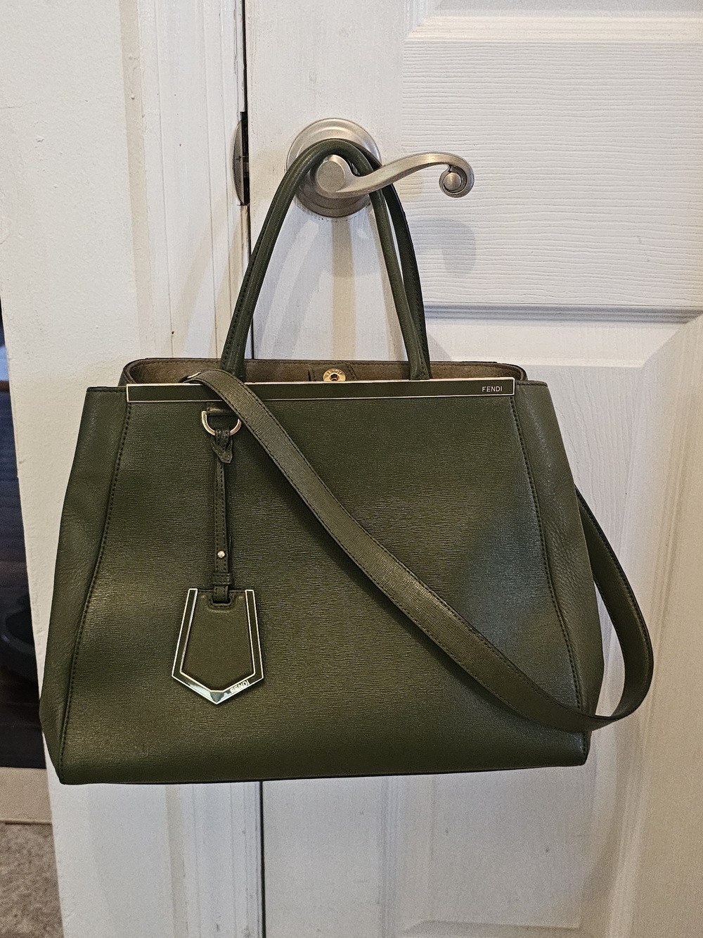 Fendi Sac 2 Jours Olive Green Leather Tote Bag with Shoulder Strap